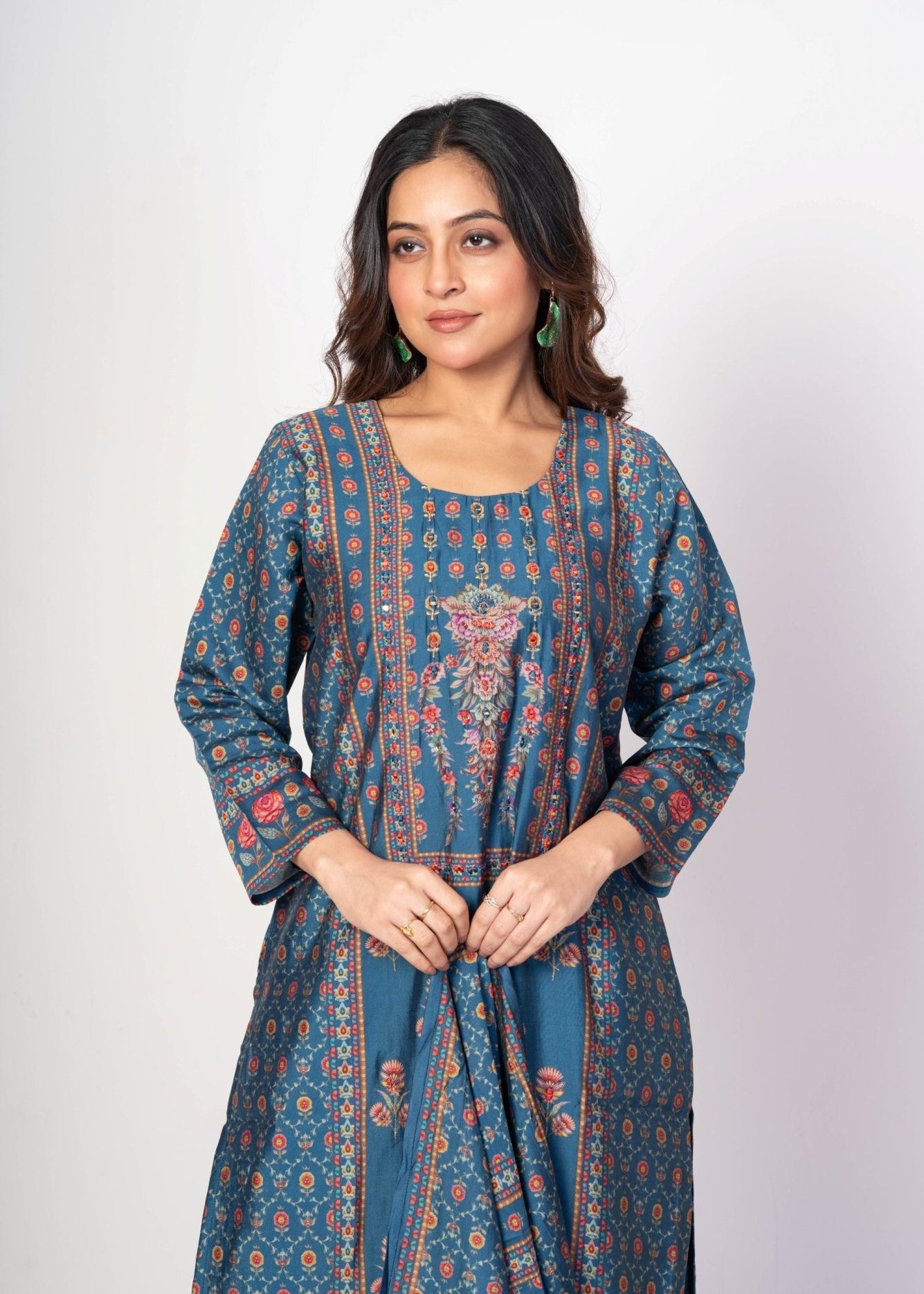 Teal Blue Printed Silk Kurta Set with Embroidered Work and Dupatta - Anvi Couture