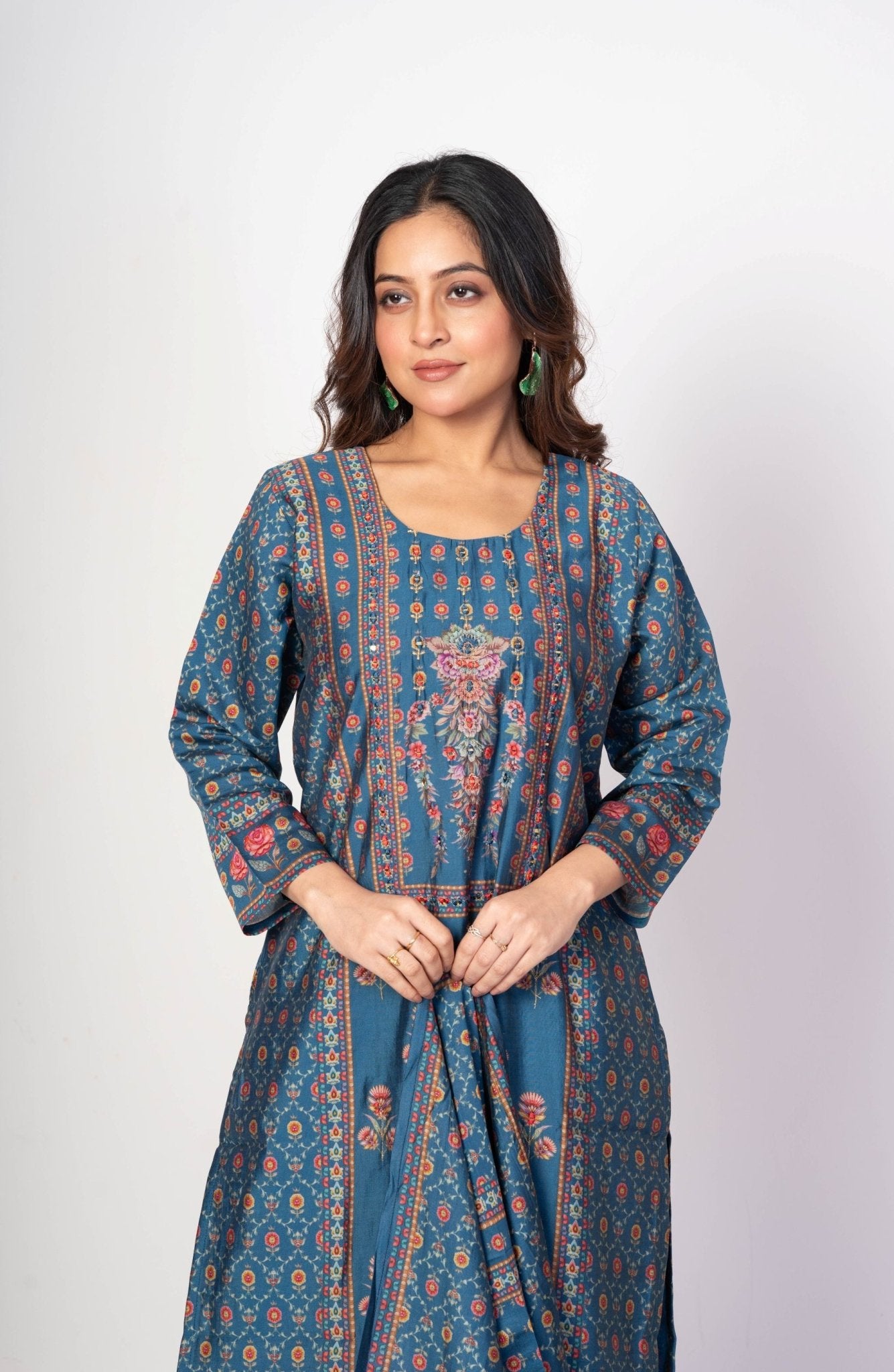 Teal Blue Printed Silk Kurta Set with Embroidered Work and Dupatta - Anvi Couture