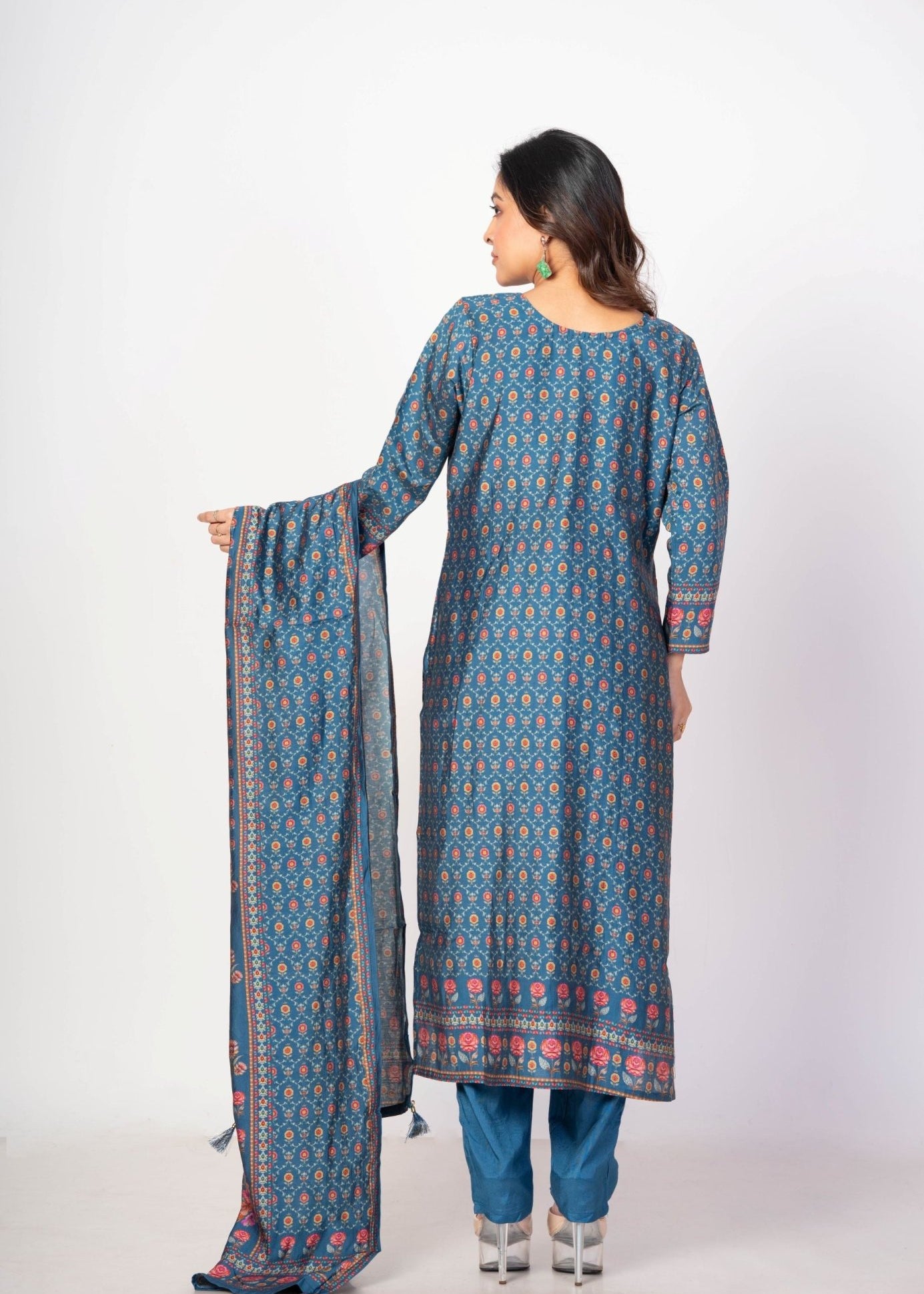 Teal Blue Printed Silk Kurta Set with Embroidered Work and Dupatta - Anvi Couture