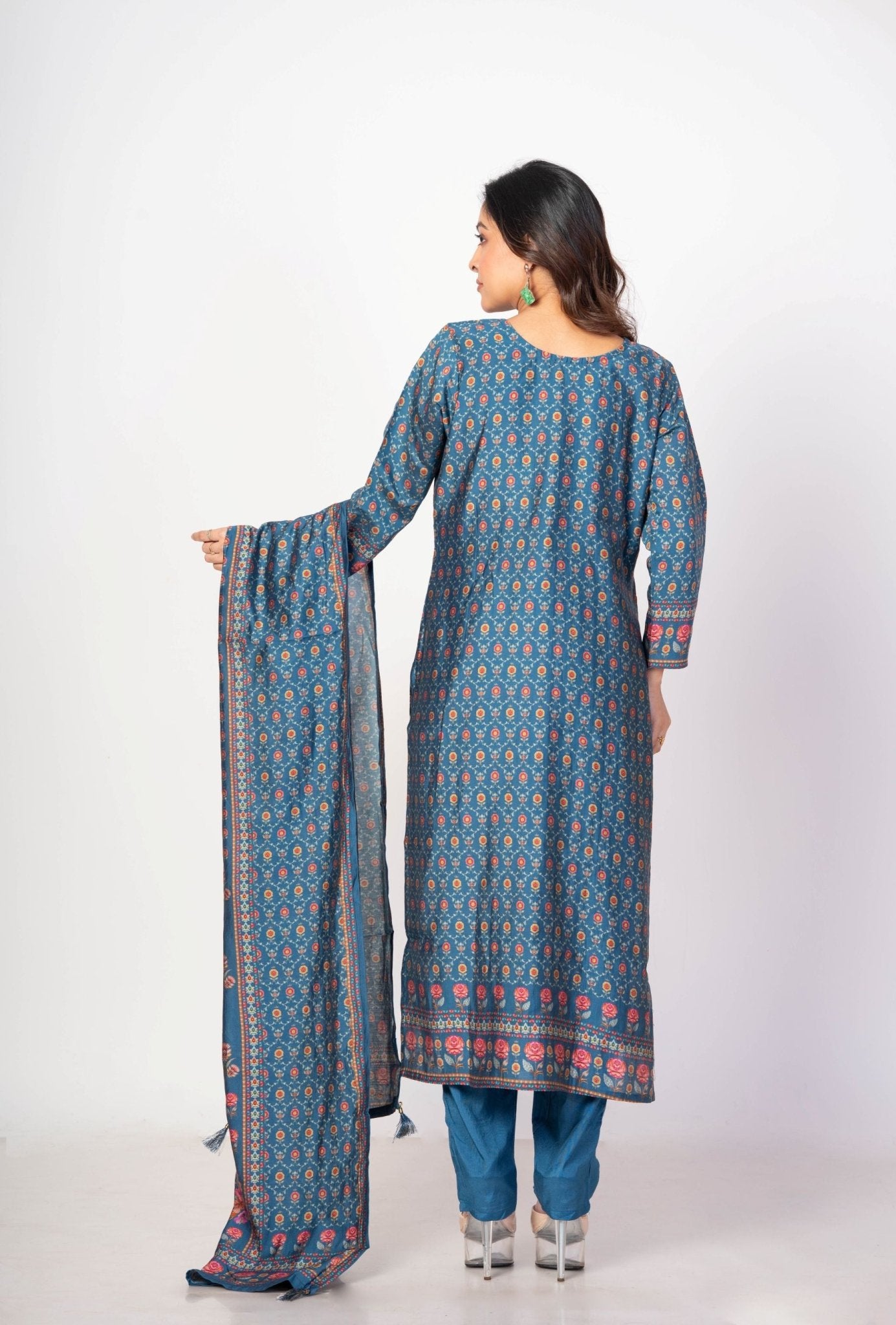 Teal Blue Printed Silk Kurta Set with Embroidered Work and Dupatta - Anvi Couture