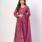 Dark Magenta Pink Printed Silk Kurta Set with Embroidered Work and Dupatta - Anvi Couture