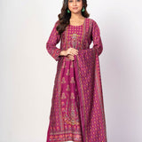Dark Magenta Pink Printed Silk Kurta Set with Embroidered Work and Dupatta - Anvi Couture