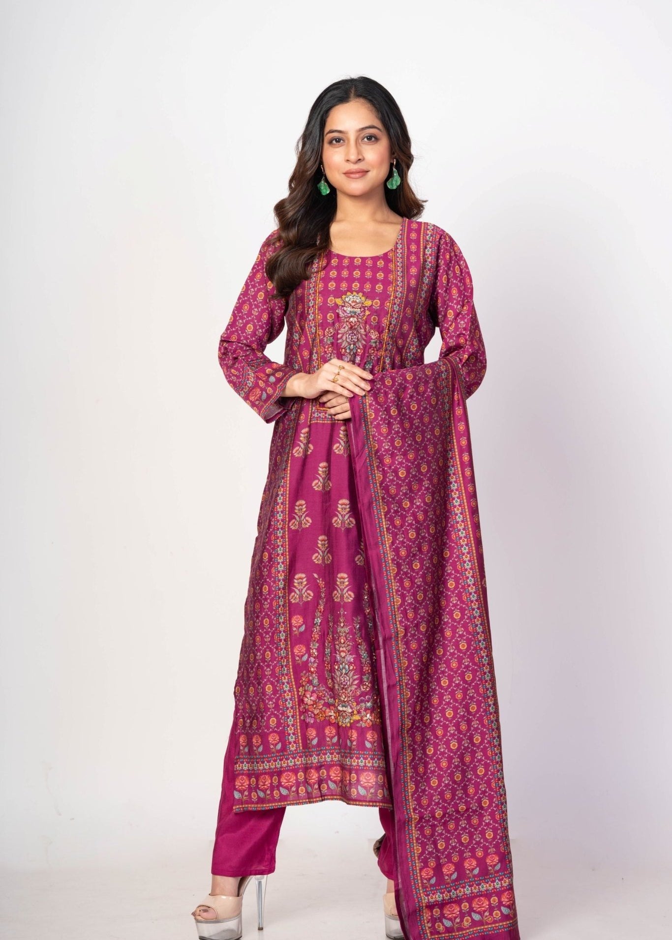 Dark Magenta Pink Printed Silk Kurta Set with Embroidered Work and Dupatta - Anvi Couture