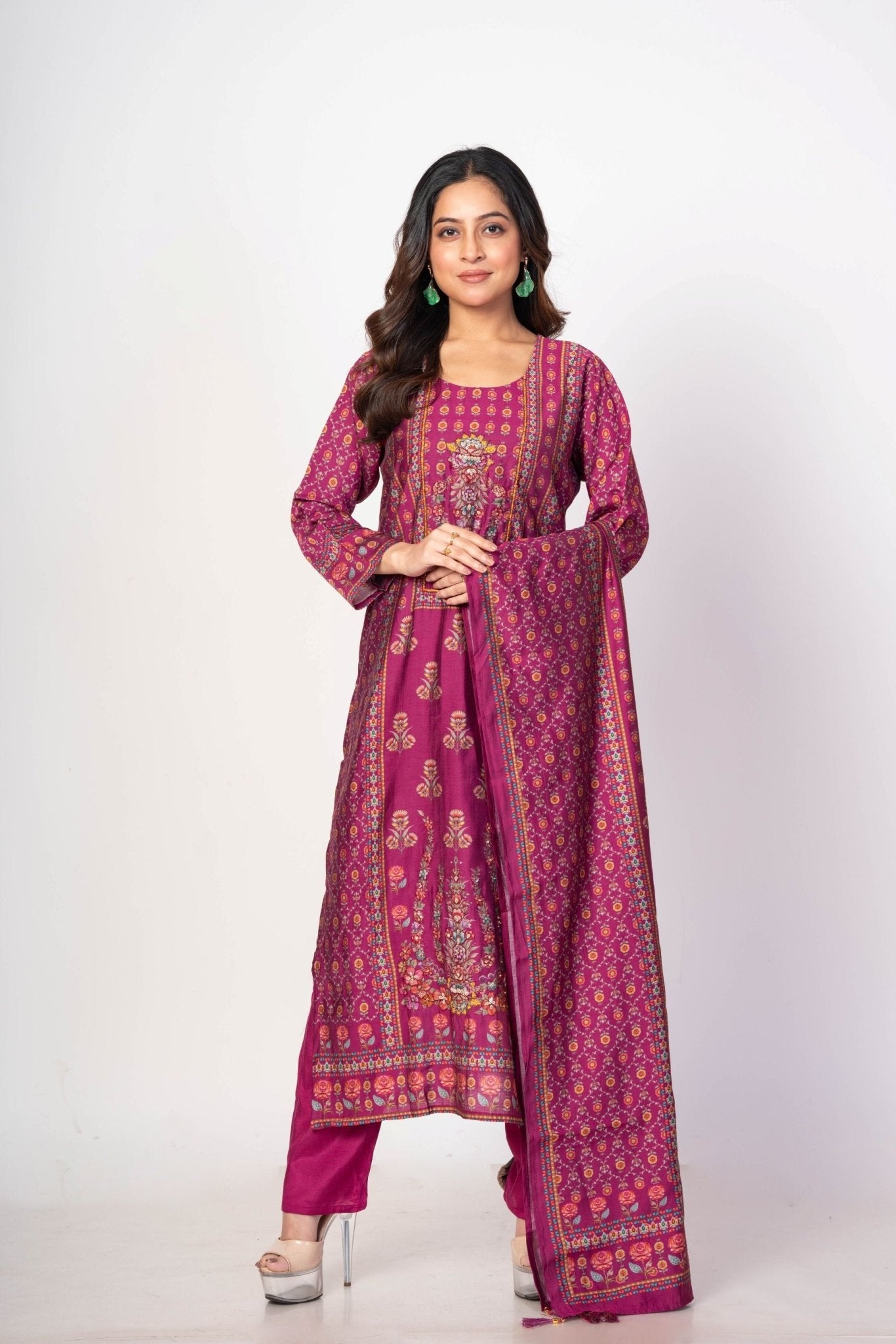 Dark Magenta Pink Printed Silk Kurta Set with Embroidered Work and Dupatta - Anvi Couture