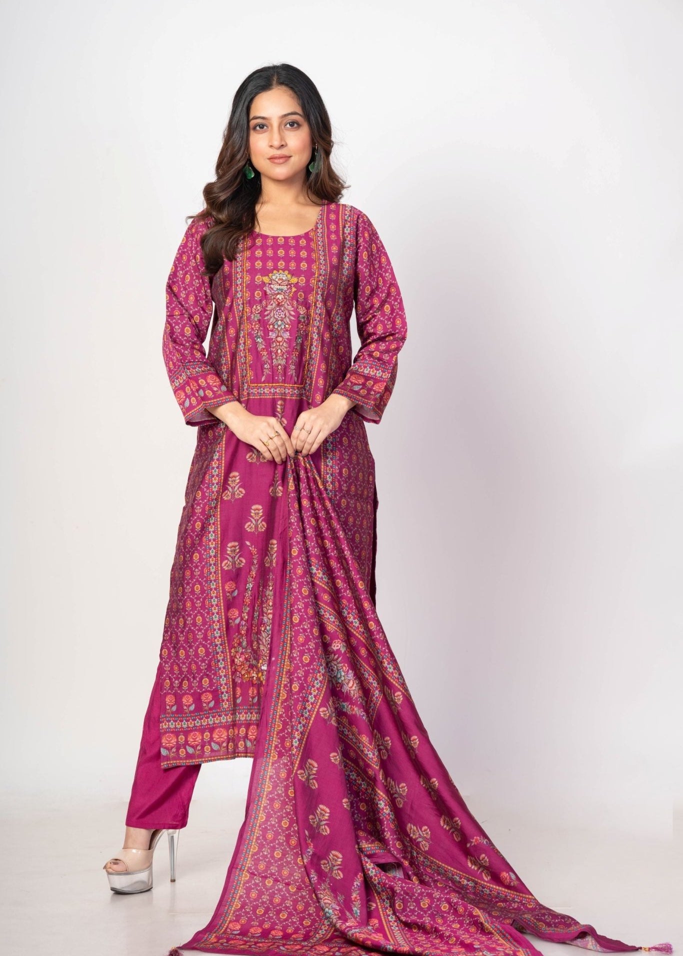 Dark Magenta Pink Printed Silk Kurta Set with Embroidered Work and Dupatta - Anvi Couture