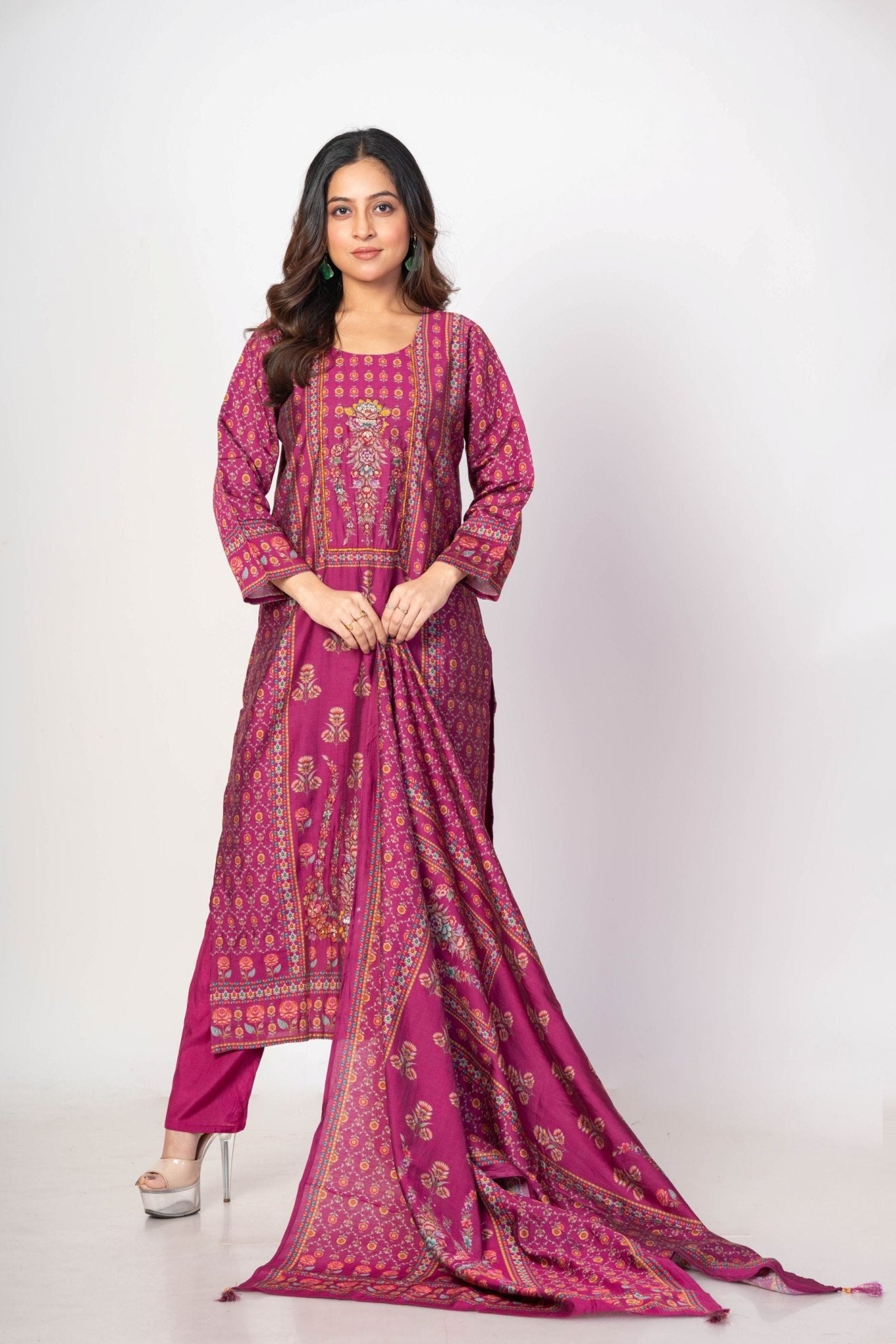 Dark Magenta Pink Printed Silk Kurta Set with Embroidered Work and Dupatta - Anvi Couture