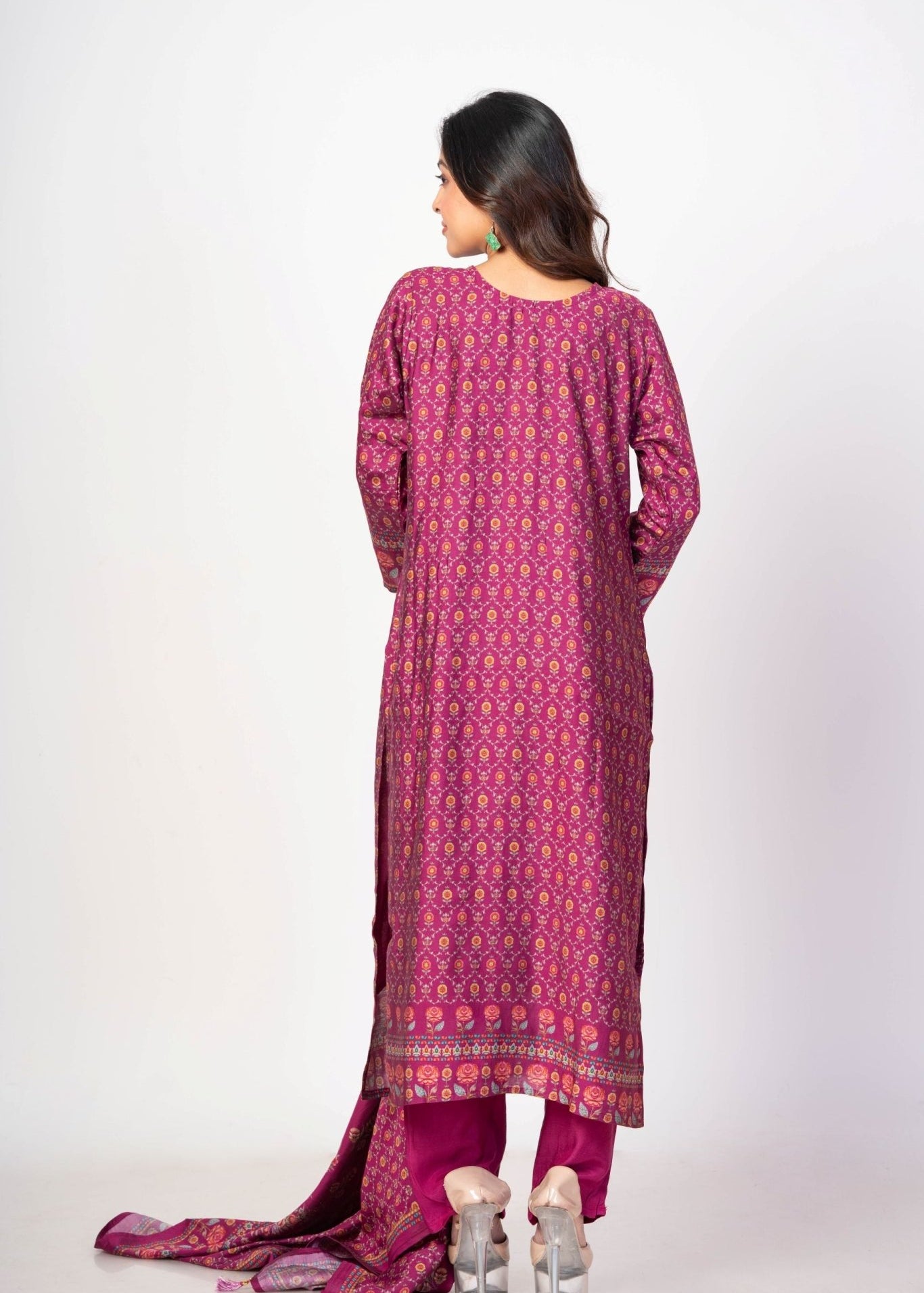 Dark Magenta Pink Printed Silk Kurta Set with Embroidered Work and Dupatta - Anvi Couture