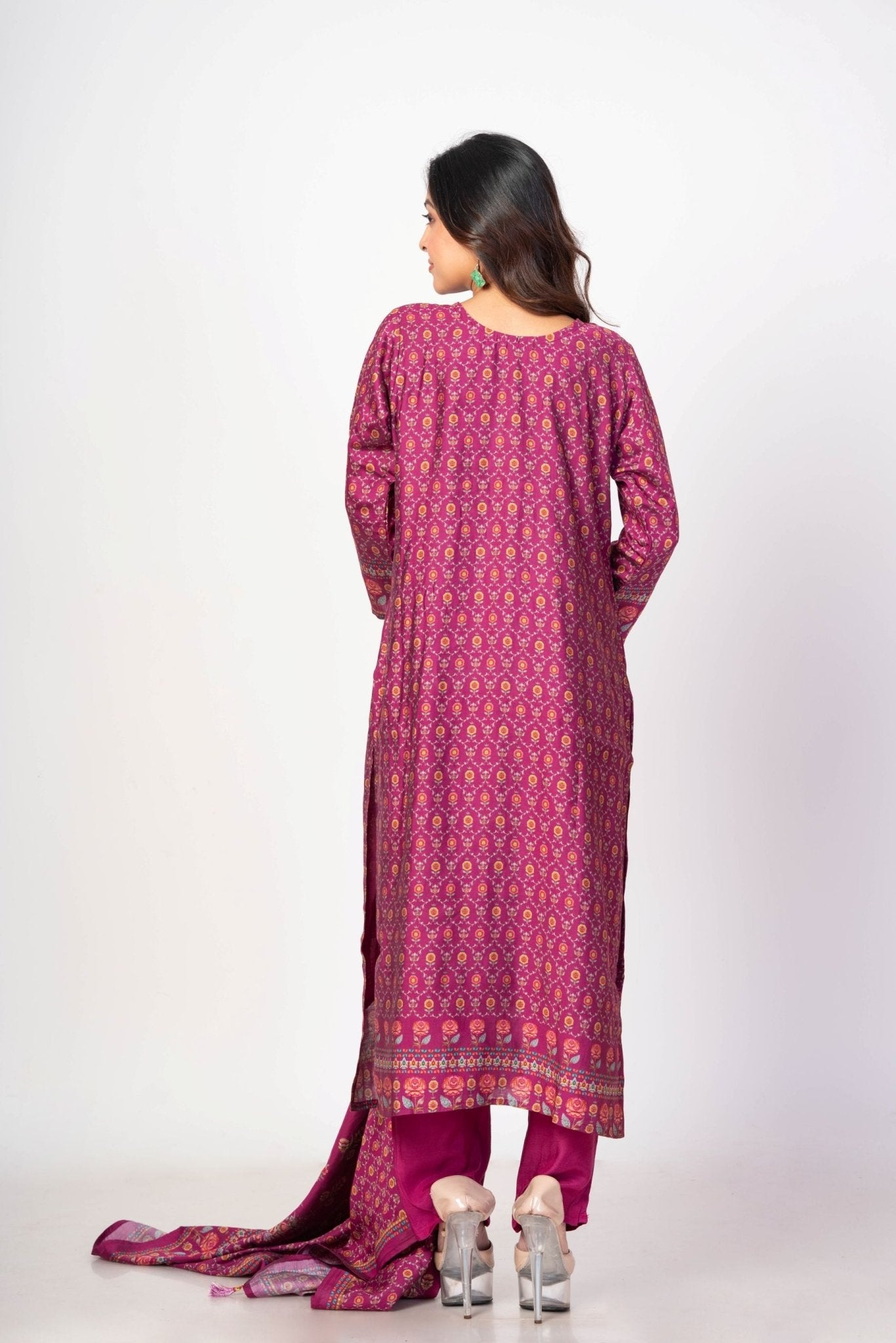 Dark Magenta Pink Printed Silk Kurta Set with Embroidered Work and Dupatta - Anvi Couture