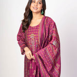 Dark Magenta Pink Printed Silk Kurta Set with Embroidered Work and Dupatta - Anvi Couture
