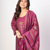 Dark Magenta Pink Printed Silk Kurta Set with Embroidered Work and Dupatta - Anvi Couture