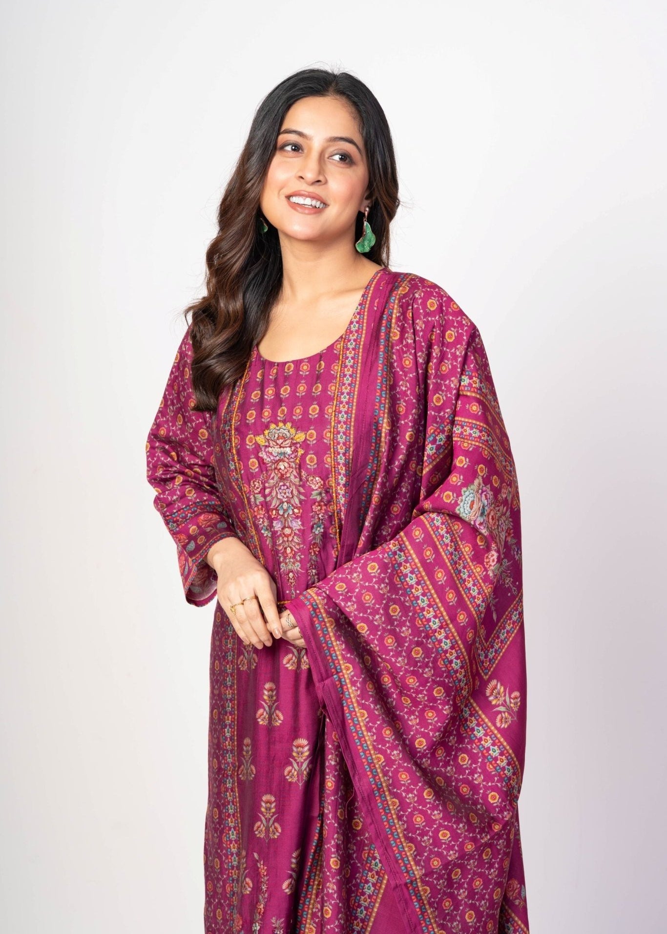 Dark Magenta Pink Printed Silk Kurta Set with Embroidered Work and Dupatta - Anvi Couture