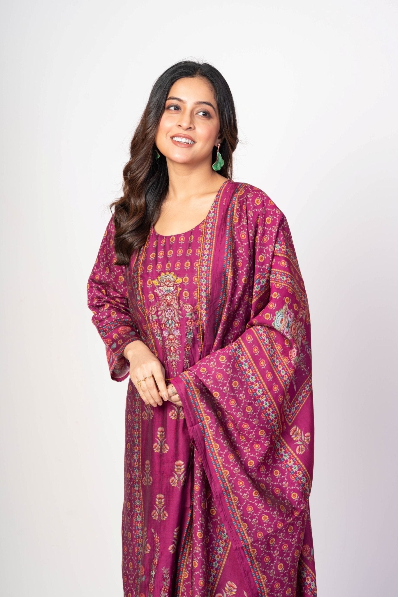 Dark Magenta Pink Printed Silk Kurta Set with Embroidered Work and Dupatta - Anvi Couture