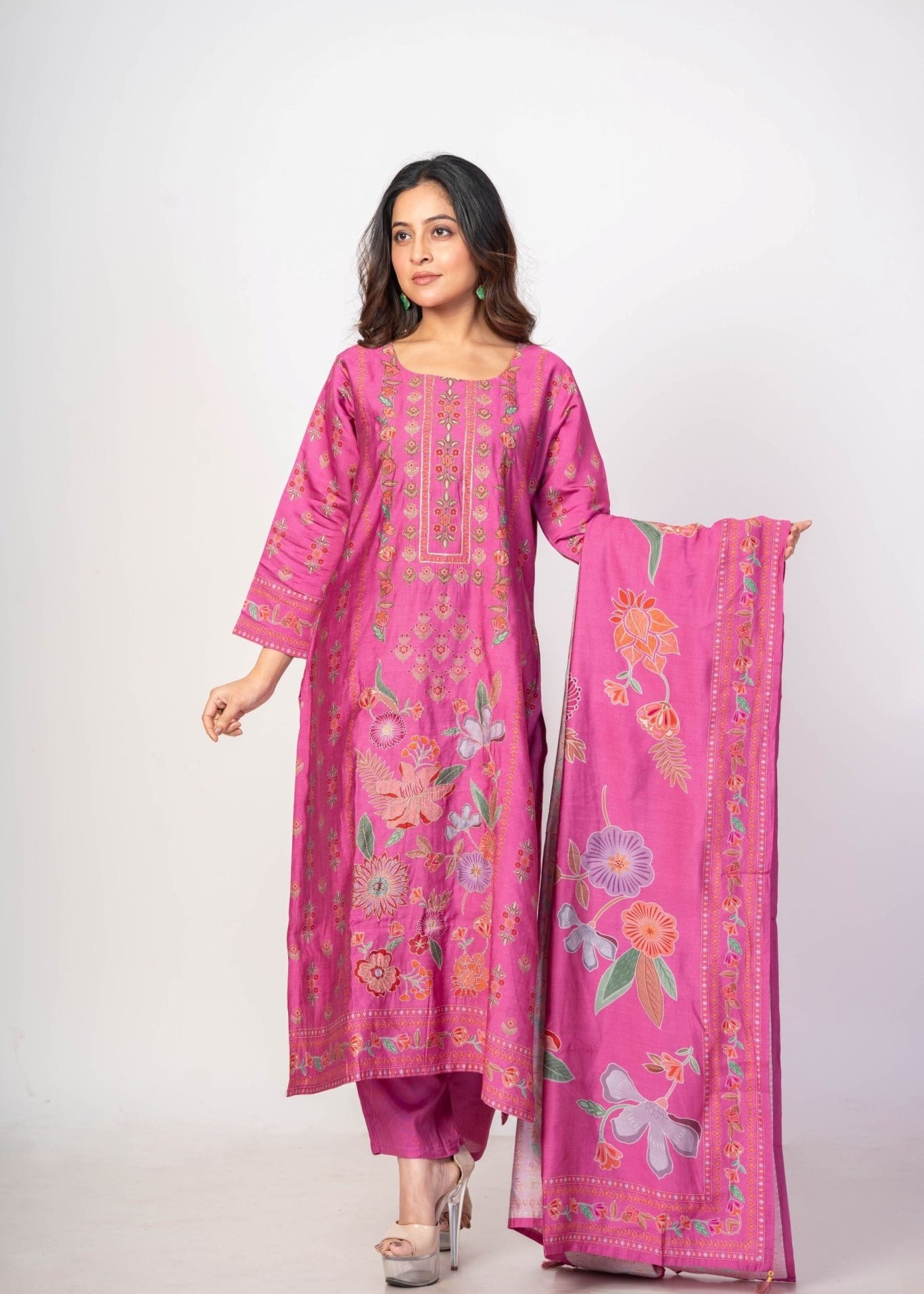 Light Fuchia Pink Printed Silk Kurta Set with Embroidered Work and Dupatta - Anvi Couture