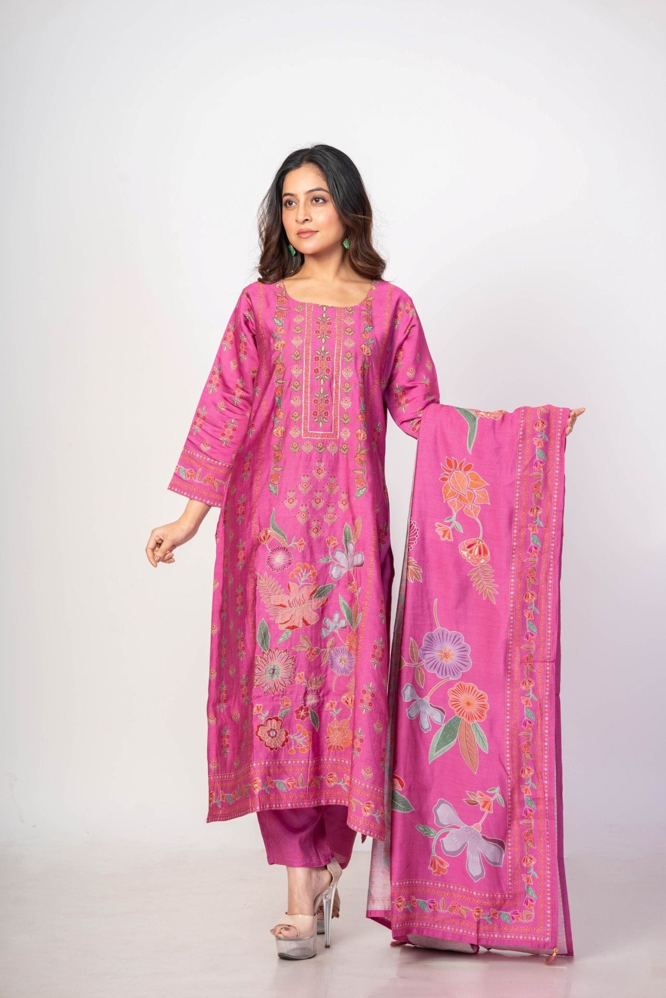 Light Fuchia Pink Printed Silk Kurta Set with Embroidered Work and Dupatta - Anvi Couture
