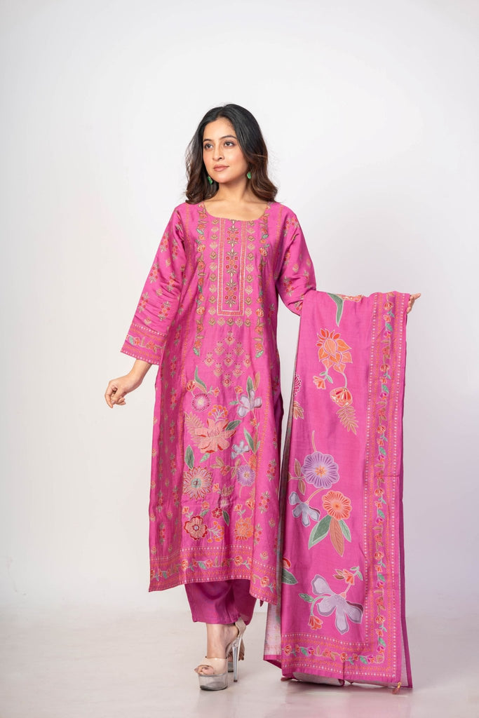 Light Fuchia Pink Printed Silk Kurta Set with Embroidered Work and Dupatta