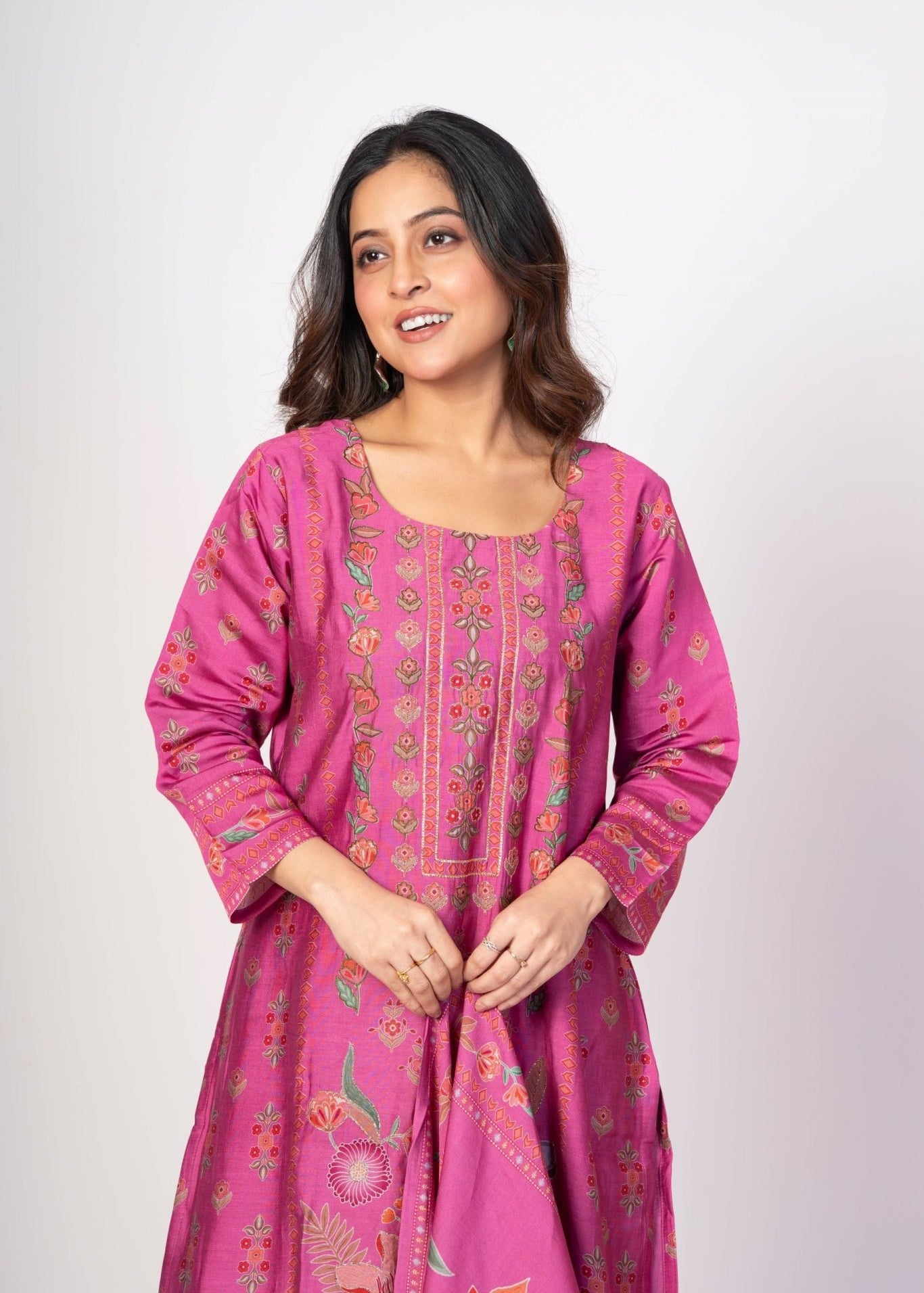 Light Fuchia Pink Printed Silk Kurta Set with Embroidered Work and Dupatta - Anvi Couture