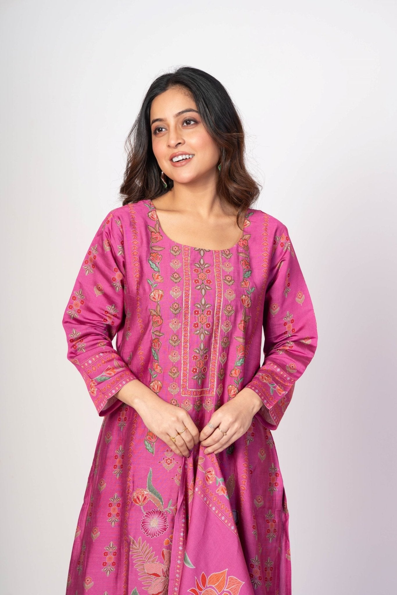 Light Fuchia Pink Printed Silk Kurta Set with Embroidered Work and Dupatta - Anvi Couture