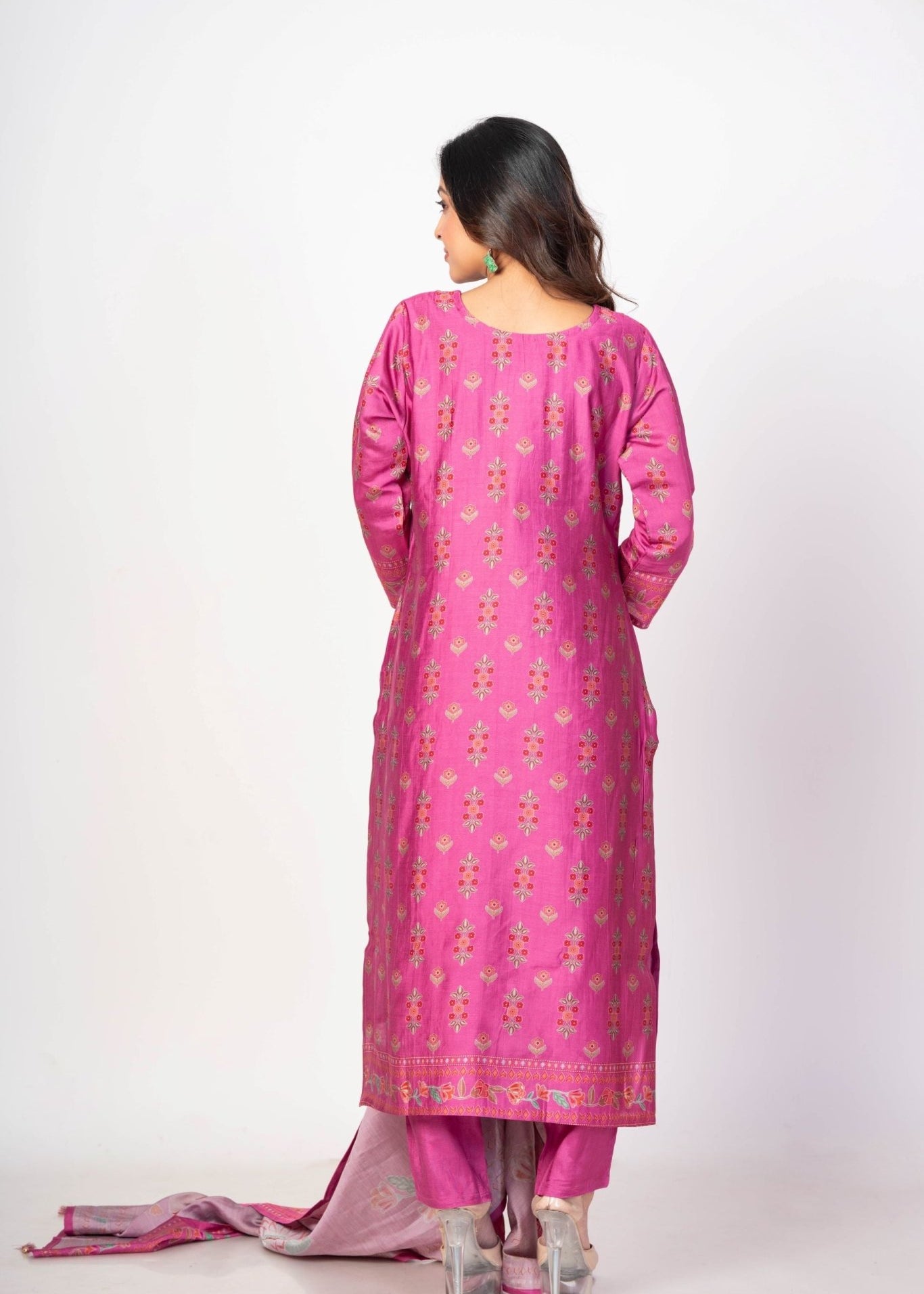 Light Fuchia Pink Printed Silk Kurta Set with Embroidered Work and Dupatta - Anvi Couture