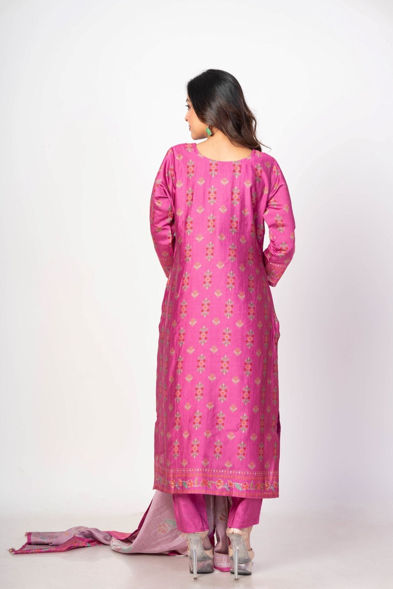 Light Fuchia Pink Printed Silk Kurta Set with Embroidered Work and Dupatta - Anvi Couture