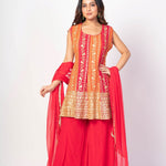 Red and Orange Flared Kurta Sharaa Set With Embroidered Work - Anvi Couture