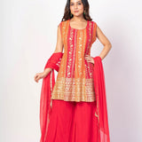 Red and Orange Flared Kurta Sharaa Set With Embroidered Work - Anvi Couture