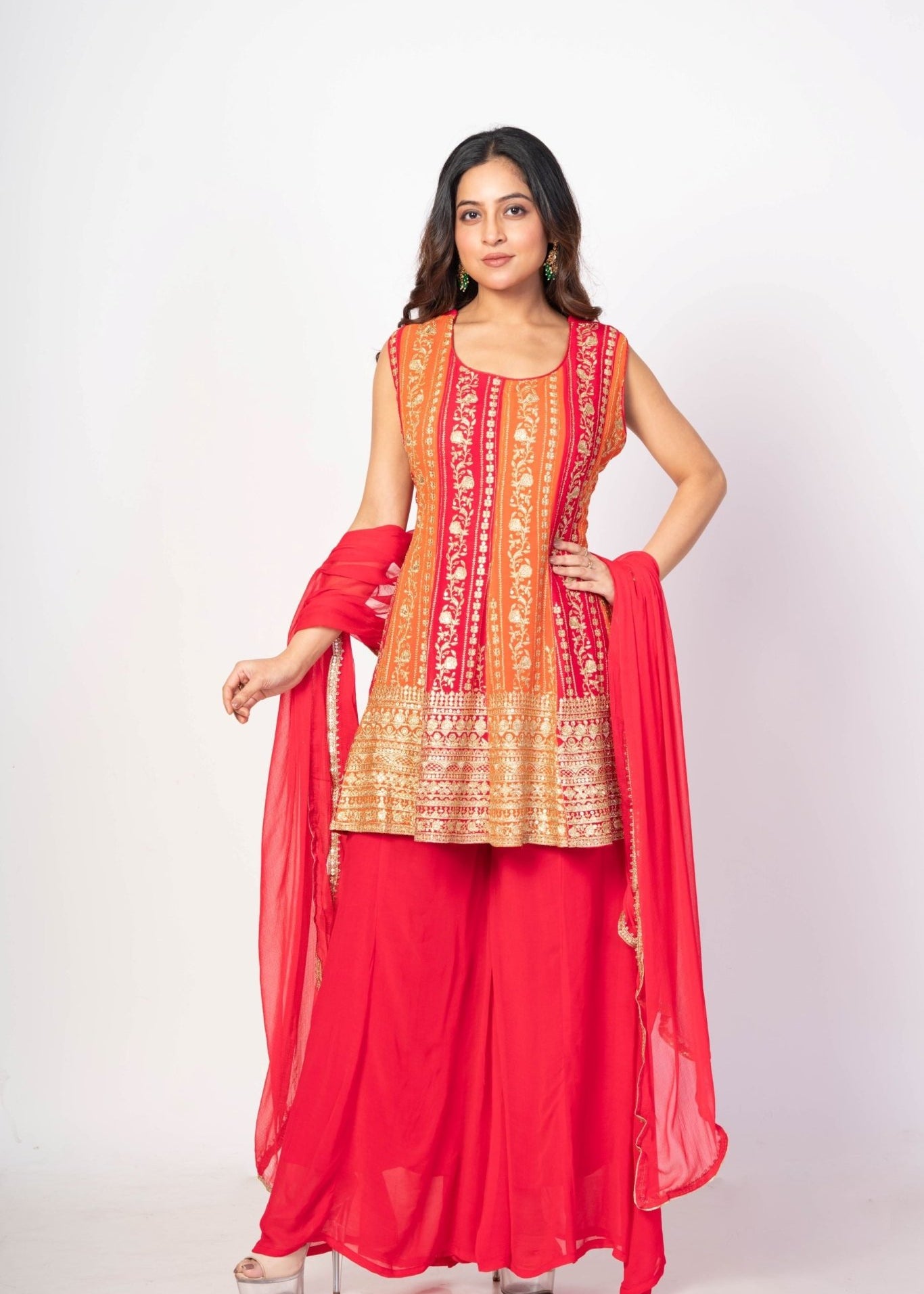 Red and Orange Flared Kurta Sharaa Set With Embroidered Work - Anvi Couture