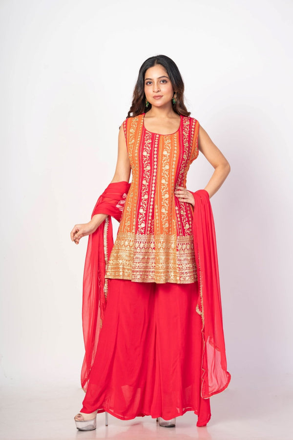 Red and Orange Flared Kurta Sharaa Set With Embroidered Work - Anvi Couture