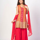 Red and Orange Flared Kurta Sharaa Set With Embroidered Work - Anvi Couture