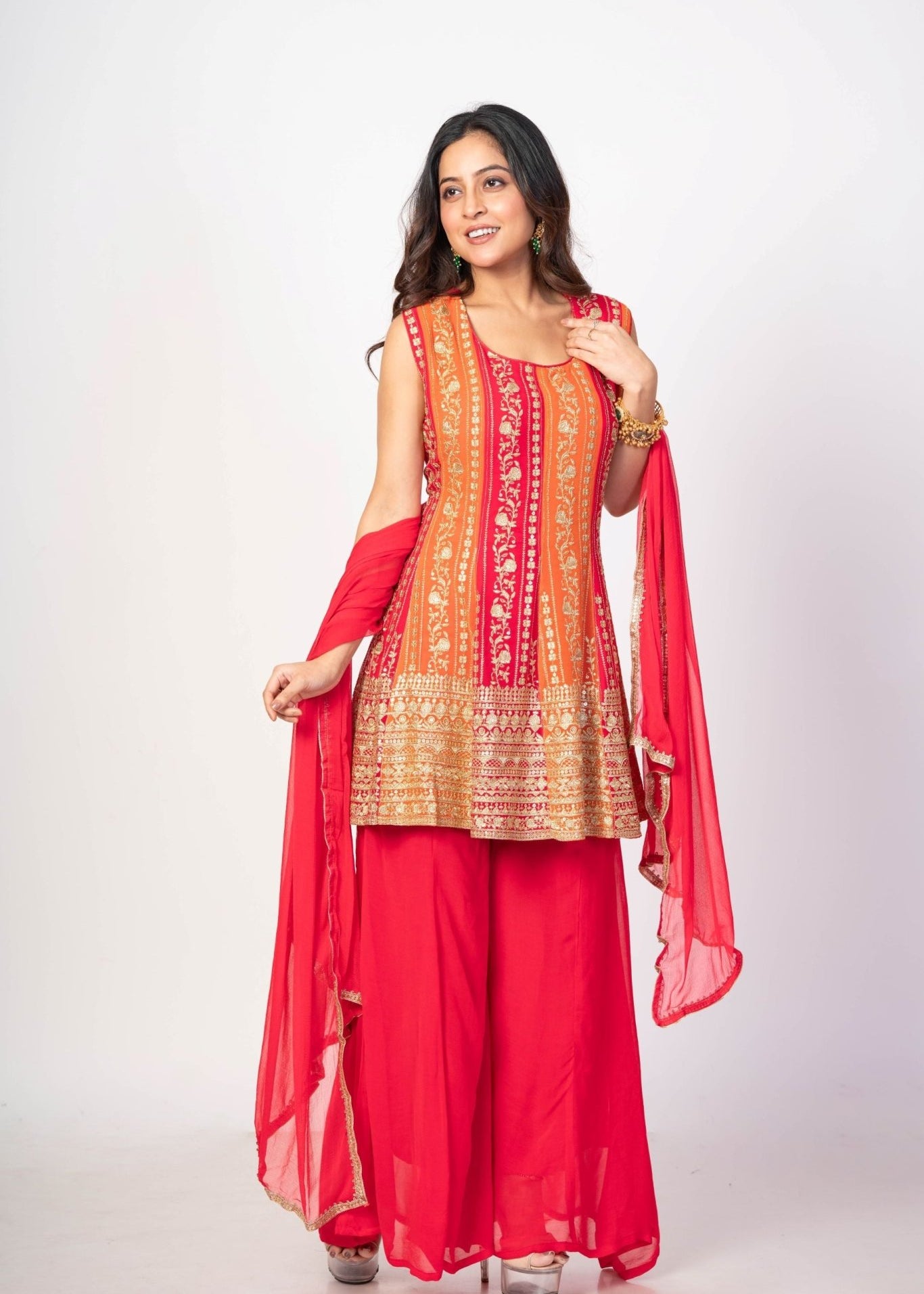 Red and Orange Flared Kurta Sharaa Set With Embroidered Work - Anvi Couture