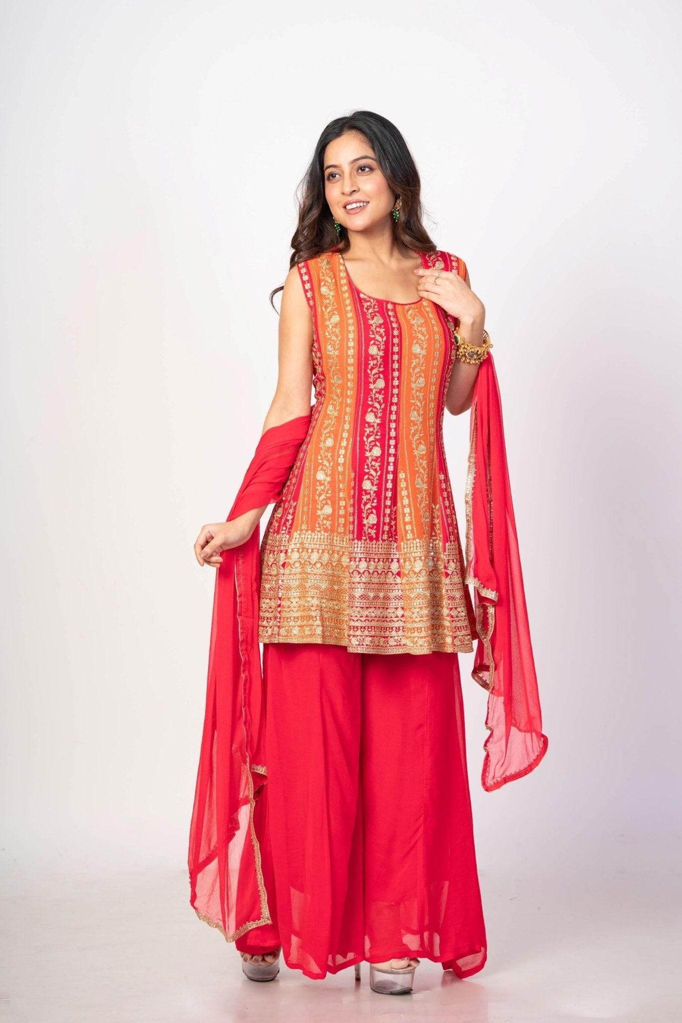 Red and Orange Flared Kurta Sharaa Set With Embroidered Work - Anvi Couture