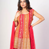 Red and Orange Flared Kurta Sharaa Set With Embroidered Work - Anvi Couture
