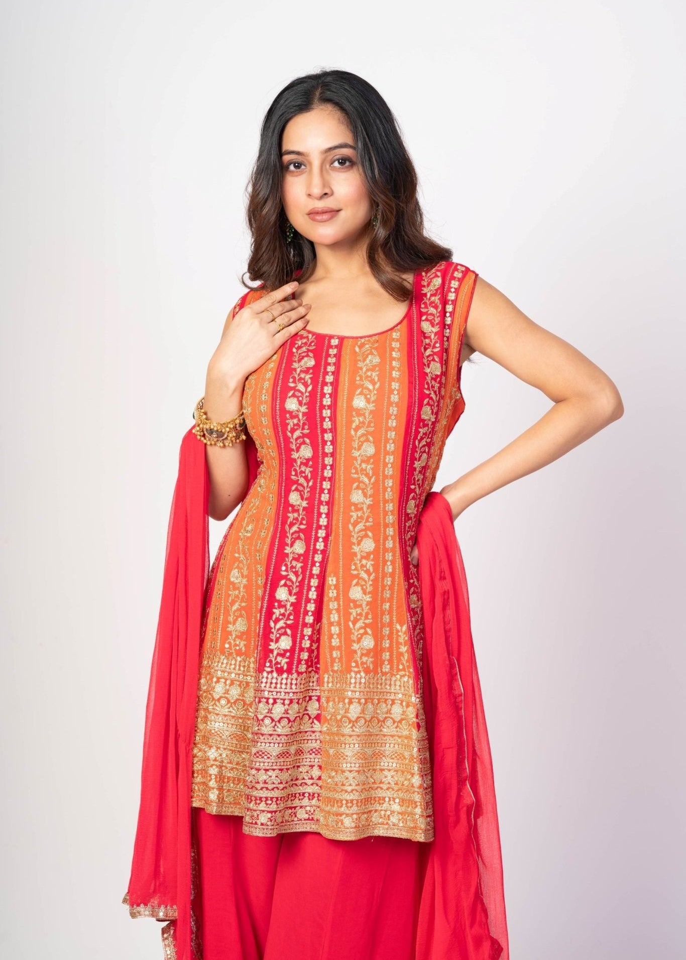 Red and Orange Flared Kurta Sharaa Set With Embroidered Work - Anvi Couture