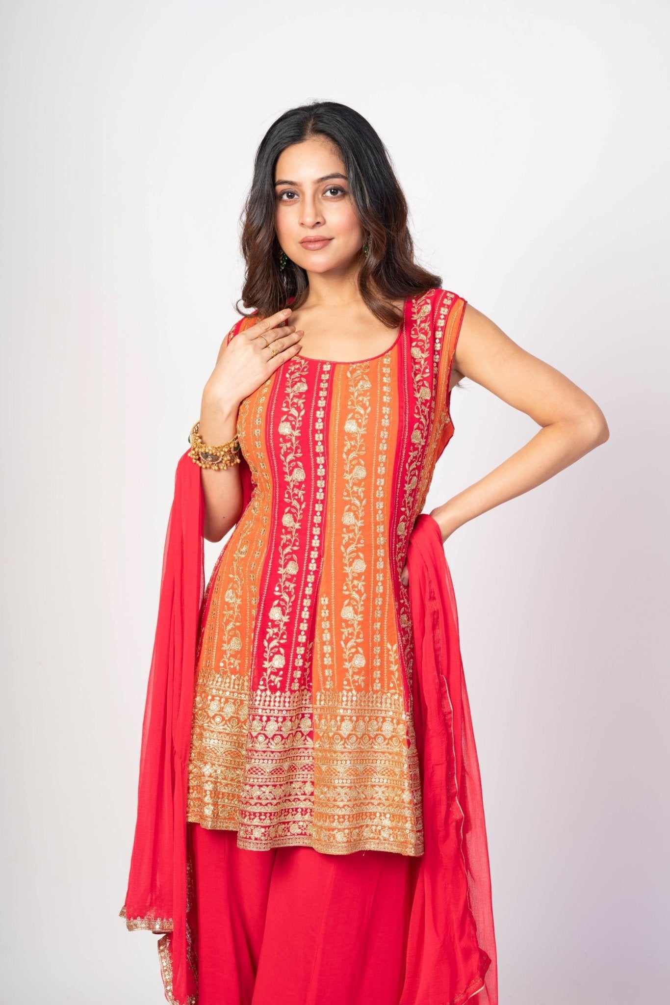 Red and Orange Flared Kurta Sharaa Set With Embroidered Work - Anvi Couture