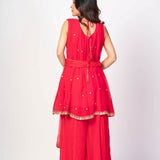 Red and Orange Flared Kurta Sharaa Set With Embroidered Work - Anvi Couture