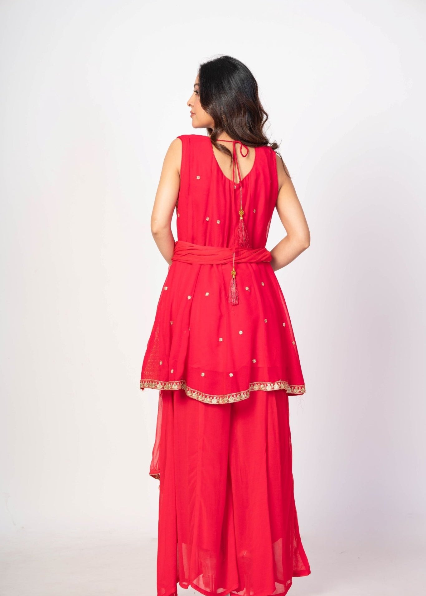 Red and Orange Flared Kurta Sharaa Set With Embroidered Work - Anvi Couture