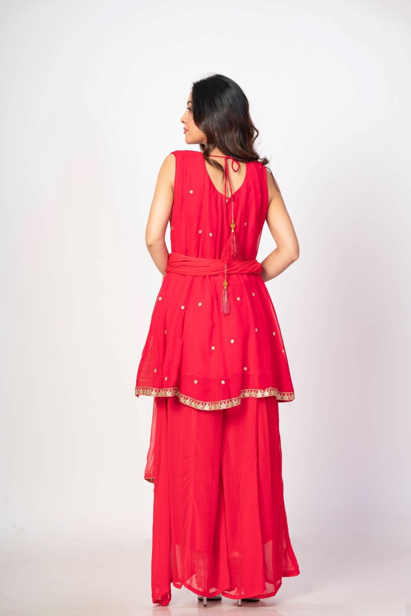Red and Orange Flared Kurta Sharaa Set With Embroidered Work - Anvi Couture