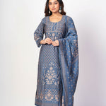 Steel Blue Printed Silk Kurta Set with Embroidered Work and Dupatta - Anvi Couture