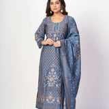 Steel Blue Printed Silk Kurta Set with Embroidered Work and Dupatta - Anvi Couture