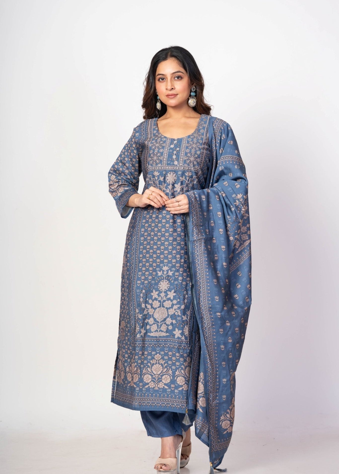 Steel Blue Printed Silk Kurta Set with Embroidered Work and Dupatta - Anvi Couture