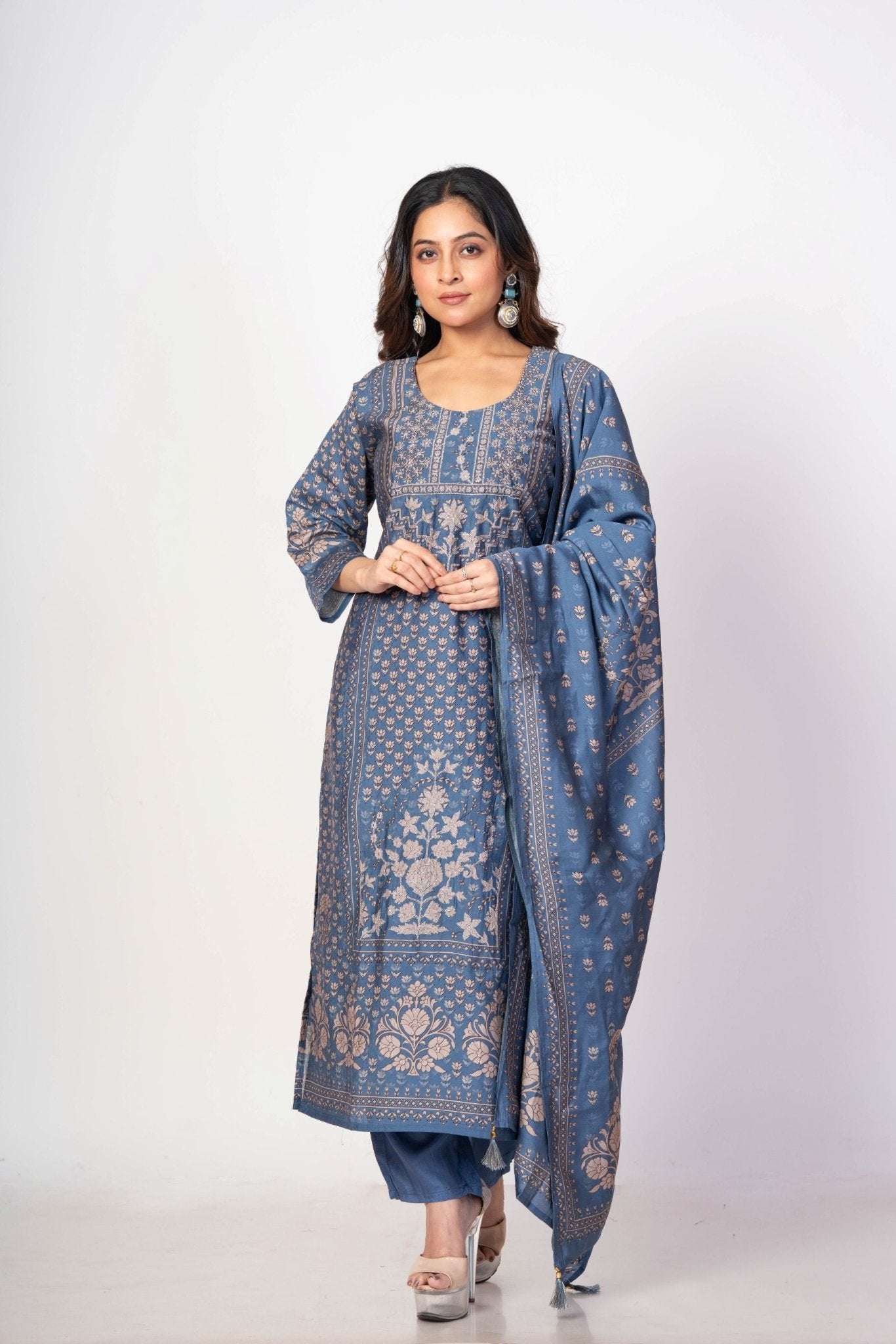 Steel Blue Printed Silk Kurta Set with Embroidered Work and Dupatta - Anvi Couture