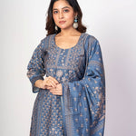 Steel Blue Printed Silk Kurta Set with Embroidered Work and Dupatta - Anvi Couture