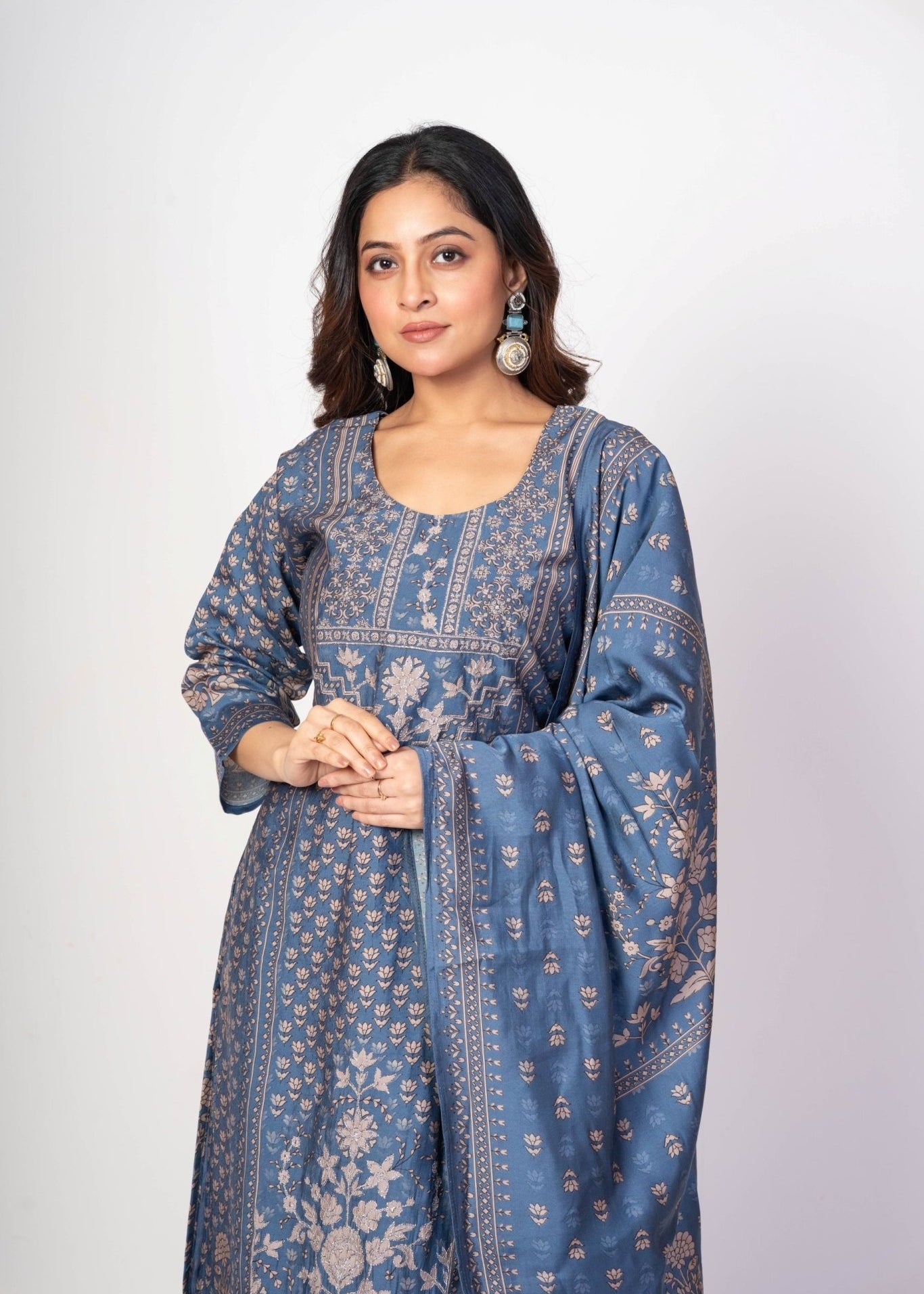 Steel Blue Printed Silk Kurta Set with Embroidered Work and Dupatta - Anvi Couture