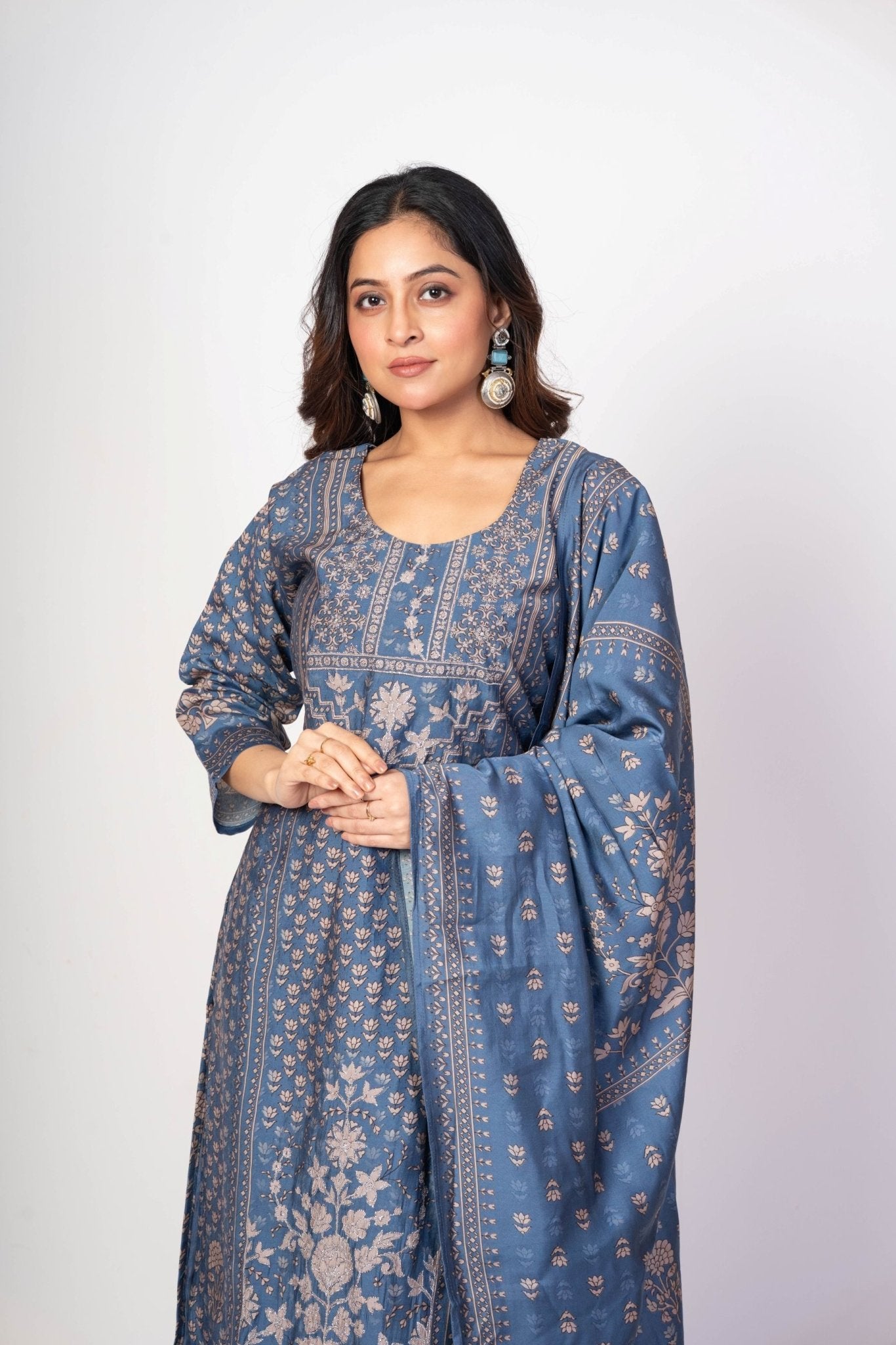 Steel Blue Printed Silk Kurta Set with Embroidered Work and Dupatta - Anvi Couture