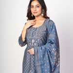 Steel Blue Printed Silk Kurta Set with Embroidered Work and Dupatta - Anvi Couture