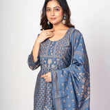 Steel Blue Printed Silk Kurta Set with Embroidered Work and Dupatta - Anvi Couture