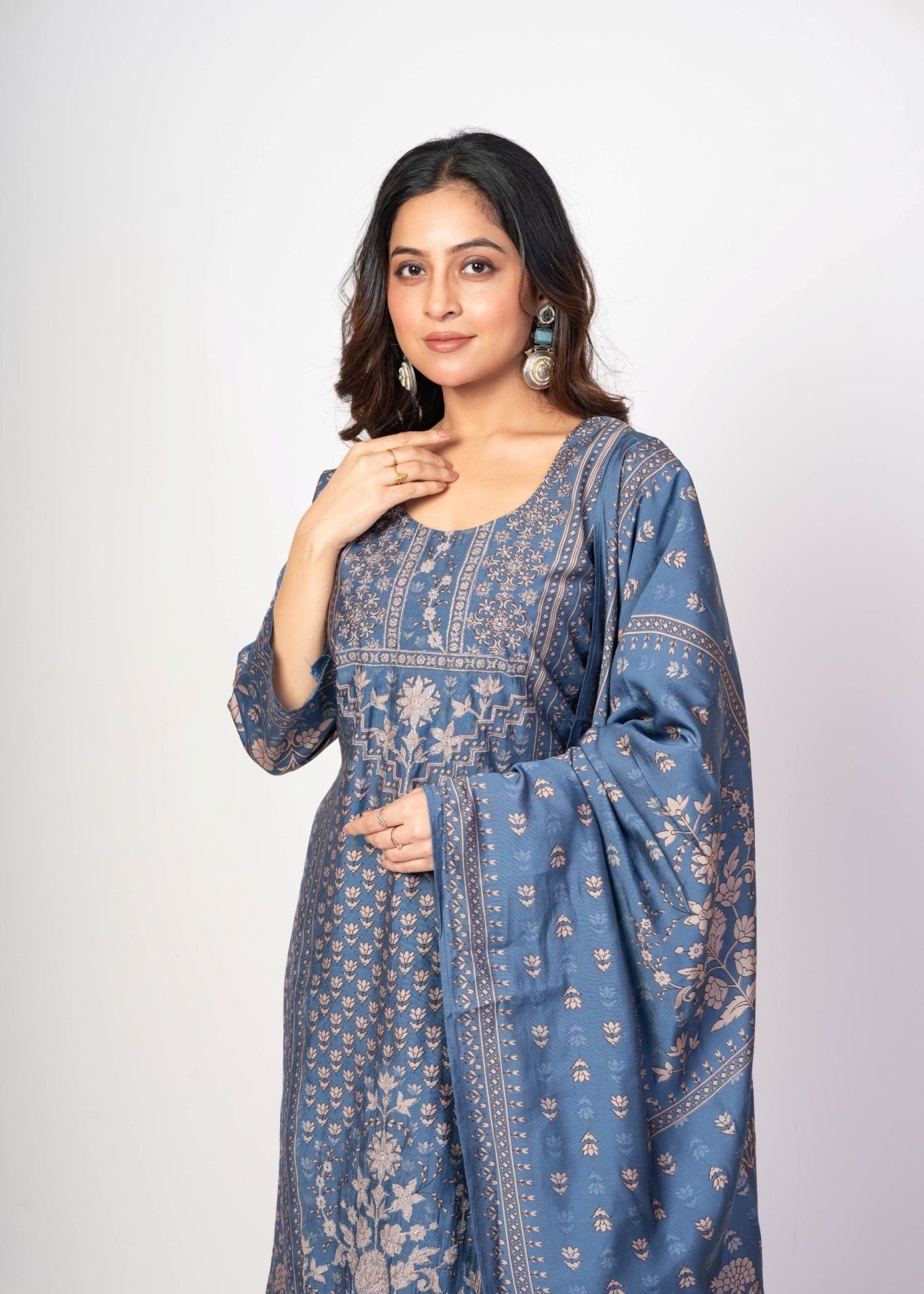 Steel Blue Printed Silk Kurta Set with Embroidered Work and Dupatta - Anvi Couture