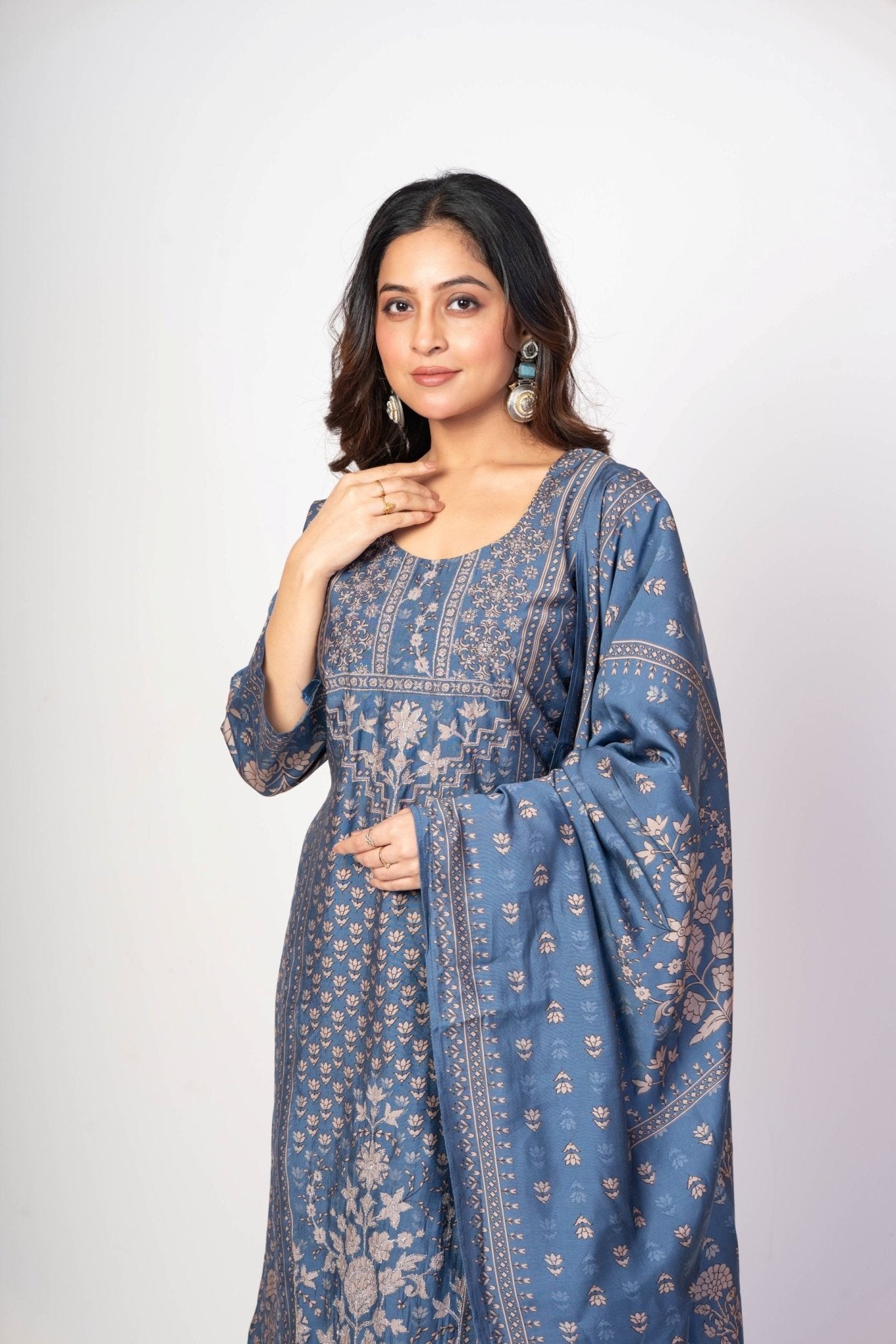 Steel Blue Printed Silk Kurta Set with Embroidered Work and Dupatta - Anvi Couture