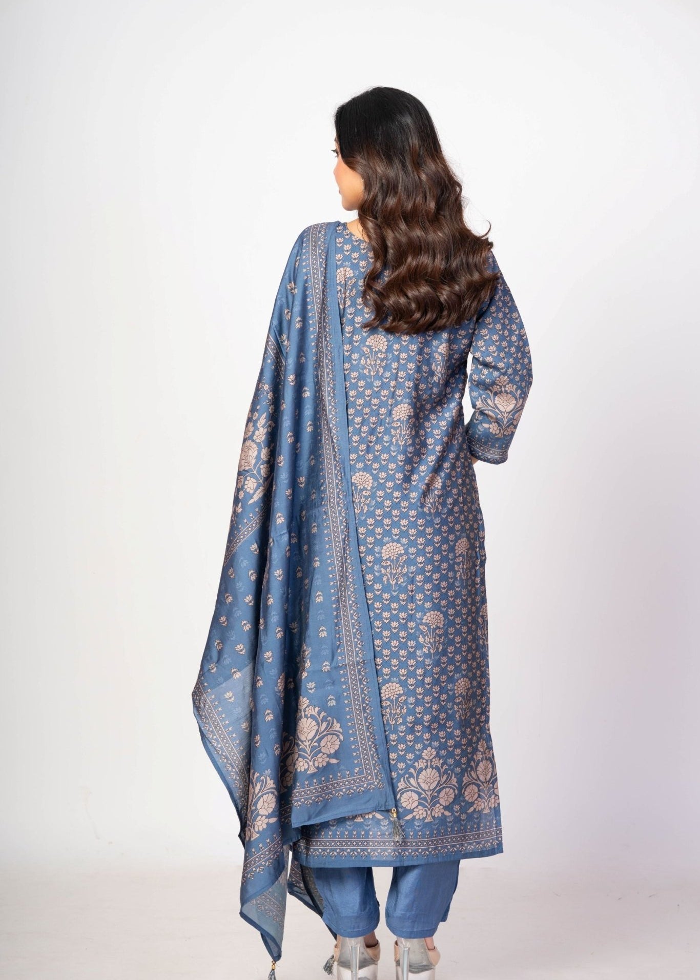 Steel Blue Printed Silk Kurta Set with Embroidered Work and Dupatta - Anvi Couture