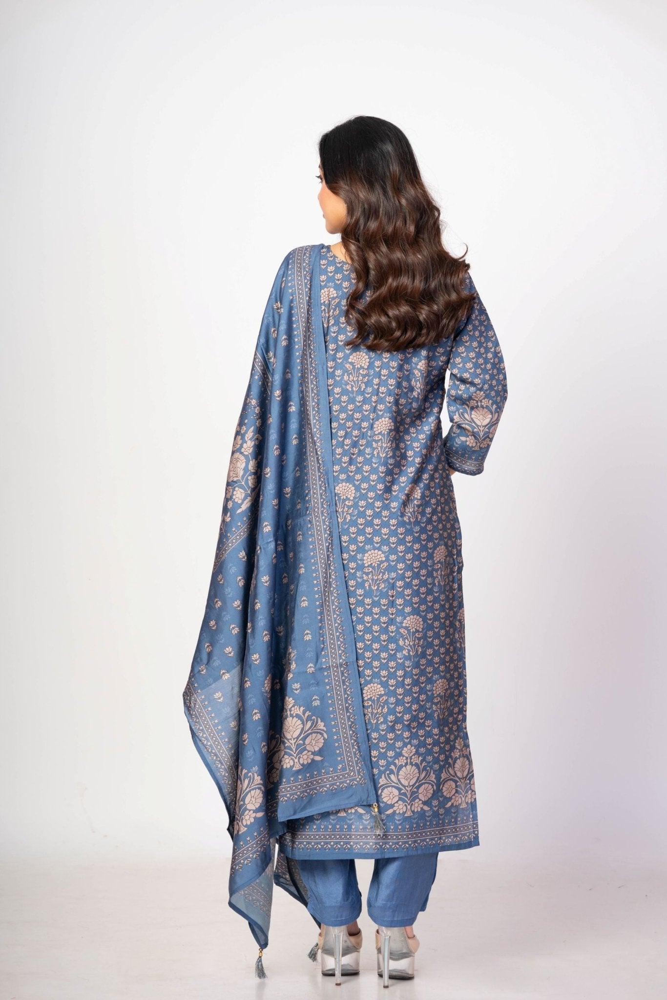 Steel Blue Printed Silk Kurta Set with Embroidered Work and Dupatta - Anvi Couture