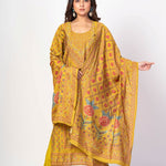 Fawn Yellow Printed Silk Kurta Set with Embroidered Work and Dupatta - Anvi Couture